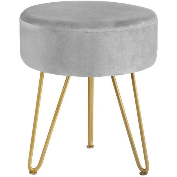 Ottoman Velvet Storage Footrest Stool Round Dressing Upholstered Vanity Chair,Makeup Footstool with Golden Metal Legs Non-Slip Mats for Living Room and Bedroom-Gray 